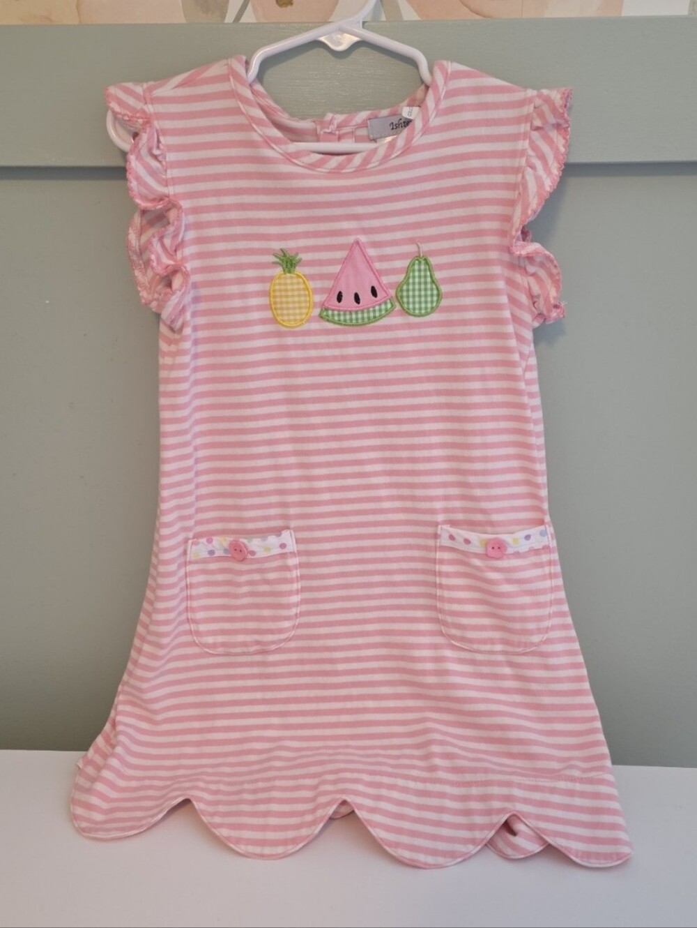 Ishtex 4t Pink Striped Fruit Appliqué Girls' Dress Smocked Brand